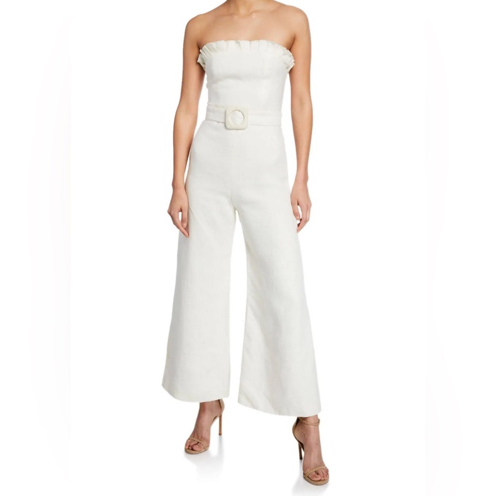 Alexis Cream Strapless Linen Jumpsuit Belted Wide Leg Chic Summer Medium 8